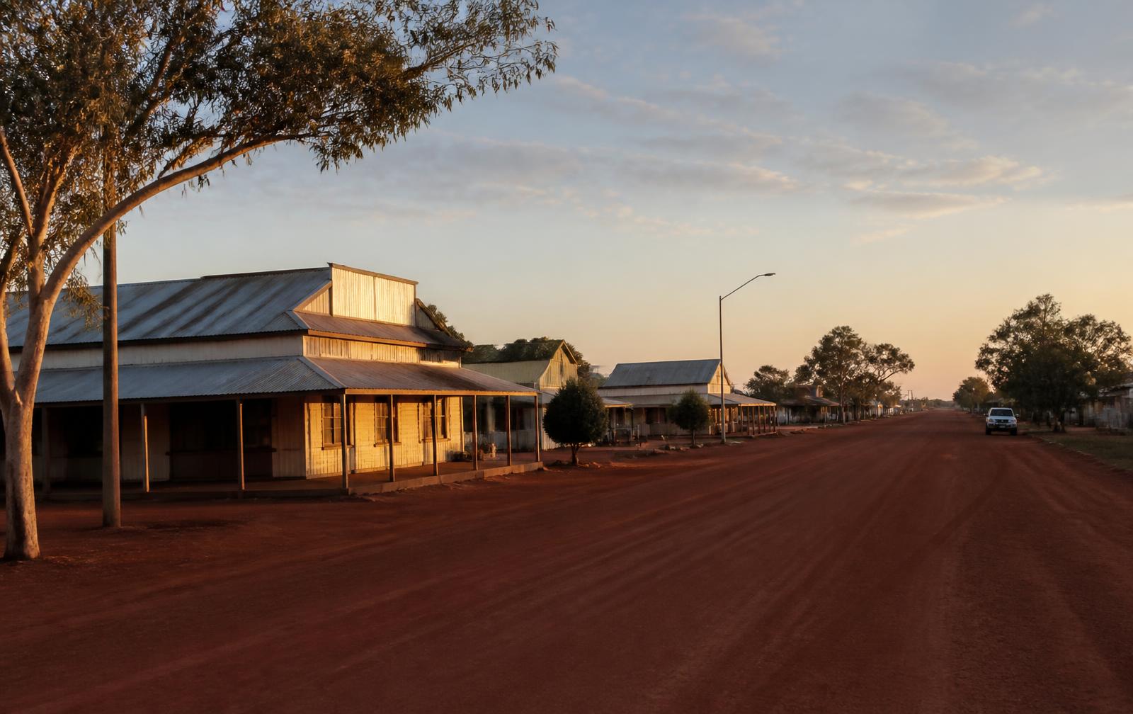 Rural Western Queensland town street at sunset